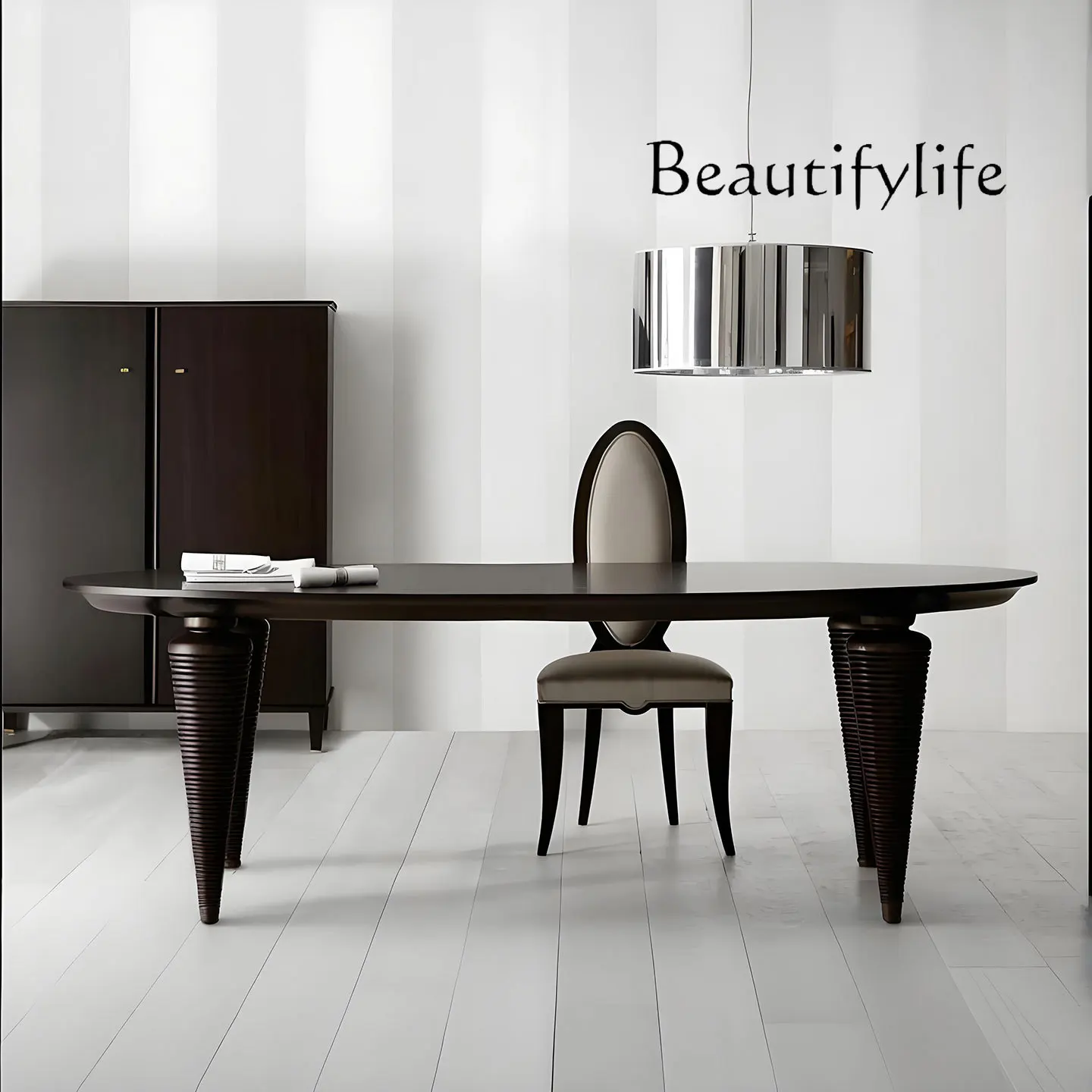 

U retro American oval solid wood dining table French medieval high-end light luxury villa restaurant carving