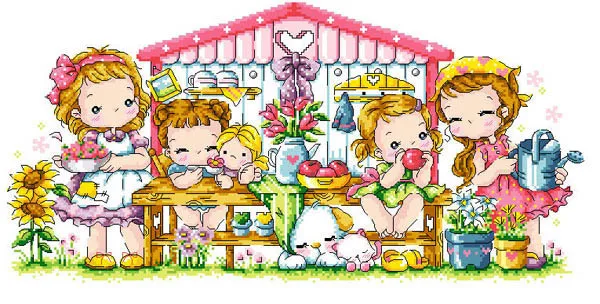 Lovely Counted Cross Stitch Kit, Lunch of Love, Four Little Girls, Girl, 11 CT, 14 CT, 18 CT, 28 CT, 25 CT, 22 CT, 16CT