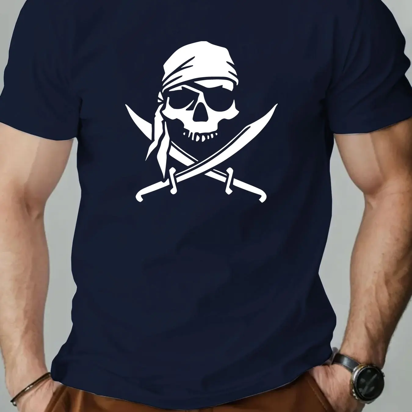 Men Pirate Skull Crossbones Graphic T-Shirt - Red White Nautical Design Summer Casual Round Neck Short Sleeve Tee