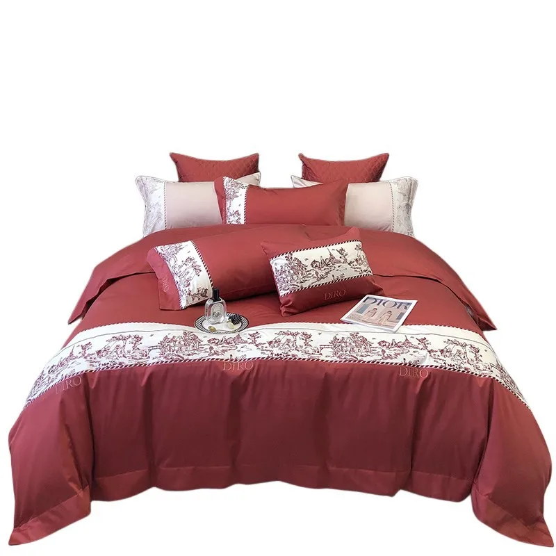 

Four Piece Set of 100 Cotton Long Staple Cotton Embroidered Red Quilt Covers, Bed Sheets, Pure Cotton Bedding