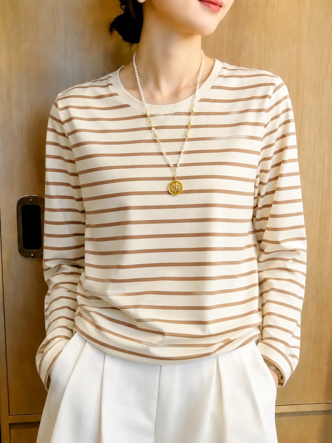 Fall New Arrival Long Sleeve T-Shirt Simple Style Color Block Striped Top Korean Design Fashionable Elegant Commute Wind Stra...