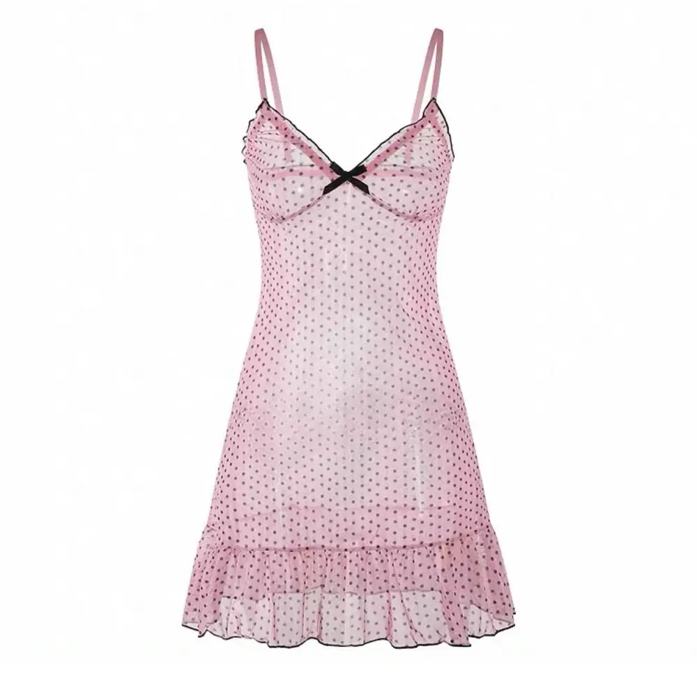 Casual Thin Polka Dot Sweet Nightdress Mesh V Neck Sleeveless Nightgown Transparent Ruffle Hem Women's Pajamas Home