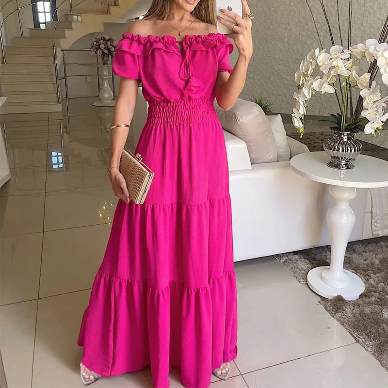 Summer Solid Boho Dress Women Fashion Elegant Beach Party Dress Casual Slash Neck Office Maxi Dresses For Woman Robe Femme New