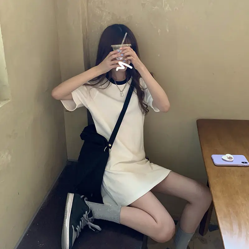 ホワイトスリムストライプパッチワーク韓国 Tシャツドレス夏半袖オールマッチファッションミニドレスカジュアルヴィンテージ女性服