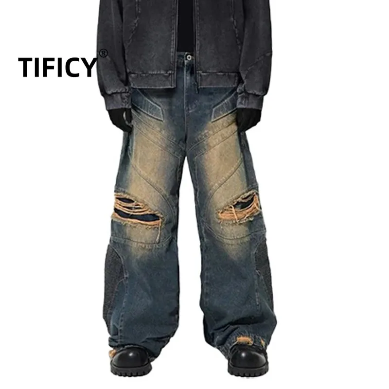 High Street Ripped Patchwork Jeans Pant Men's Loose Multi Pocket Design Trendy Streetwear Casual Denim Pants Y2k Pants