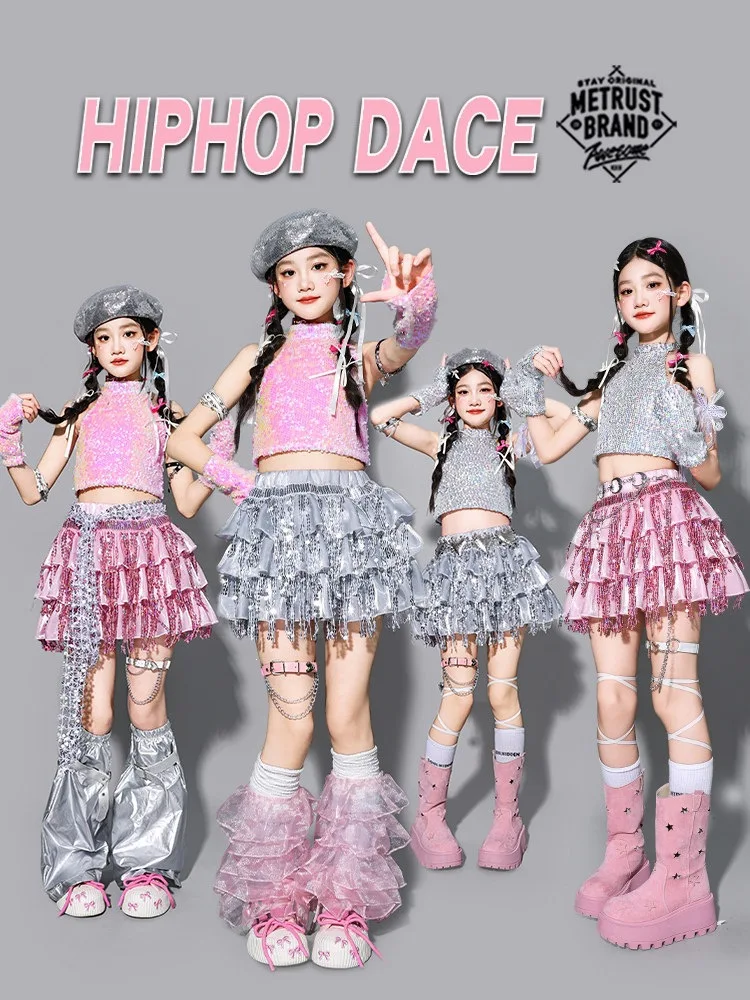 Girls K-pop Sequin Crop Top And Fringed Skirt Dance Streetwear Hip Hop Shiny Costumes Children's Group Streetwear Clothes Set