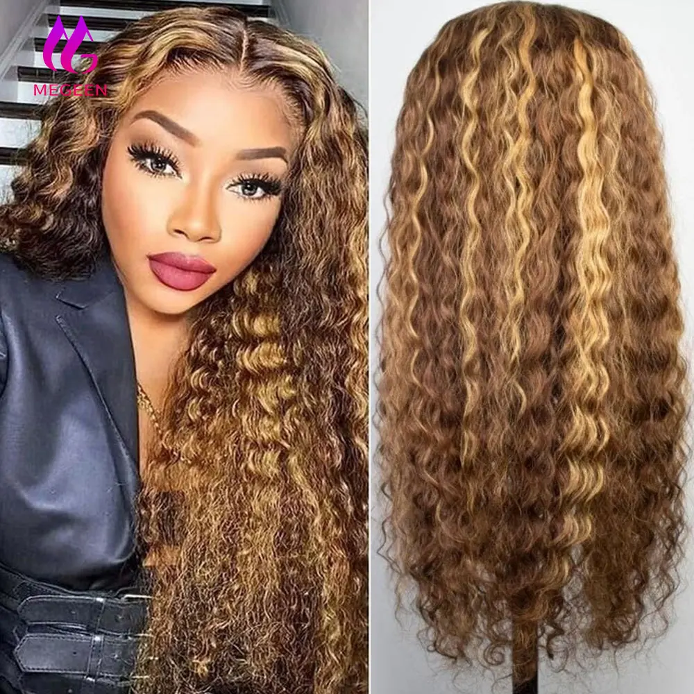 Megeen Water Wave 13 x4 parrucca anteriore in pizzo trasparente P4/27 evidenziare parrucca frontale in pizzo capelli umani parrucca colorata Ombre biondo miele