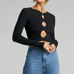 Sexy Front Chest Hollow Out Bare Midriff Short T Shirt Women Long Sleeves Bottoming Shirt Ladies Tee Shirt Tops Camisetas Mujer