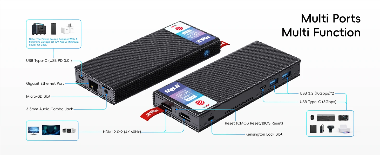 MeLE PCG02 Pro Fanless MINI PC Stick N100 8G 256G Mini Computer Dual HDMI,4266MHz LPDDR4,WiFi5 Gigabit Ethernet,USB Type-C PD3.0