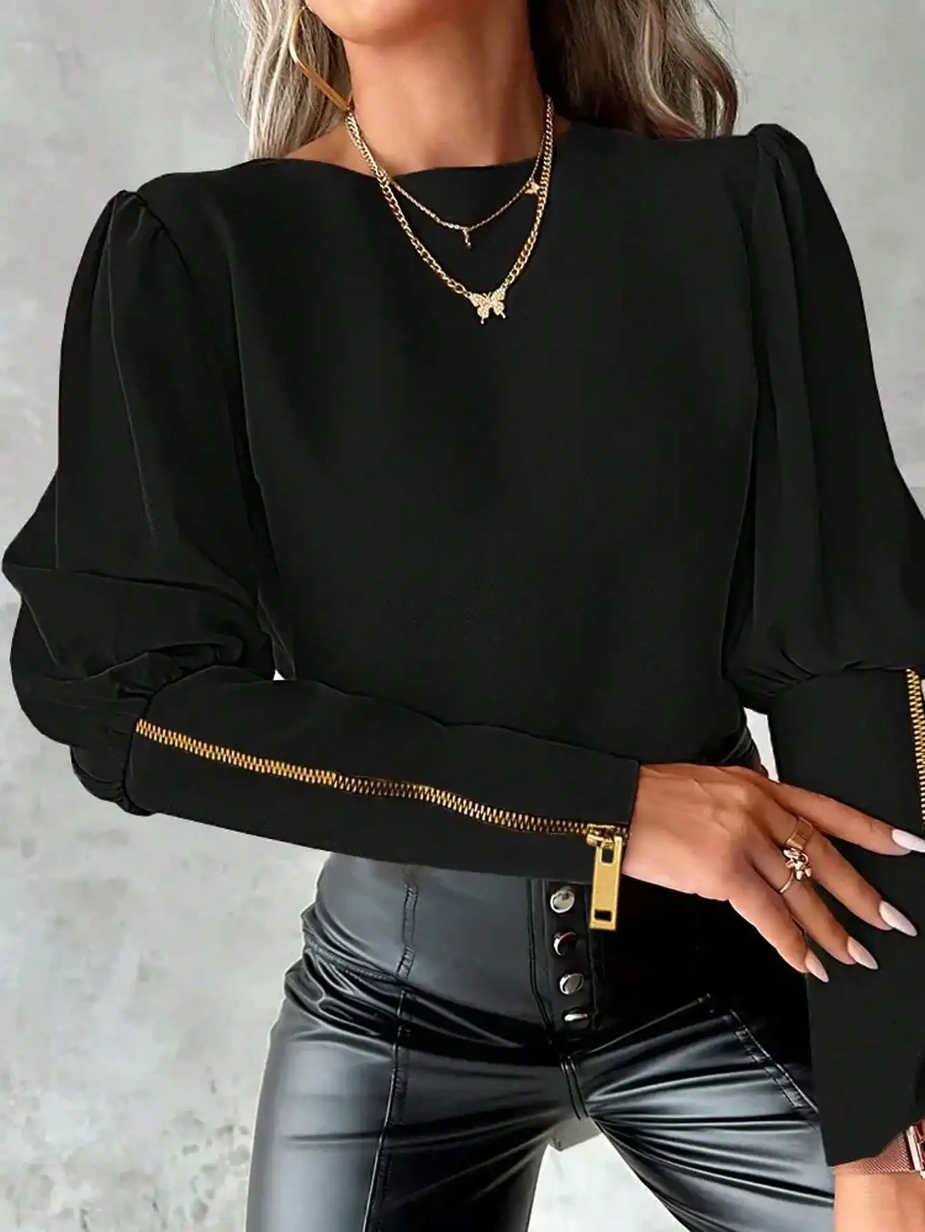 

Women's Black Puff Sleeve Blouse with Gold Zipper Detail, Fall Fashion Top