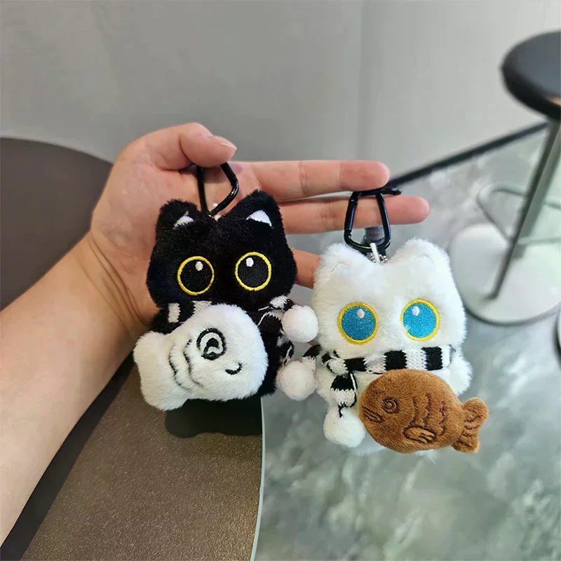 Piepende Cartoon Pluche Zwart Witte Kat Pop Speelgoed Sleutelhanger Tas Hanger Charms Auto Sleutelhanger Accessoires Voor Koppels Kawaii Gift