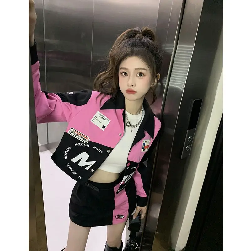 Y2K vintage sweet cool wind motorcycle suit women's short print baseball uniform + skirt skirt hip skirt sexy wear two-piece set