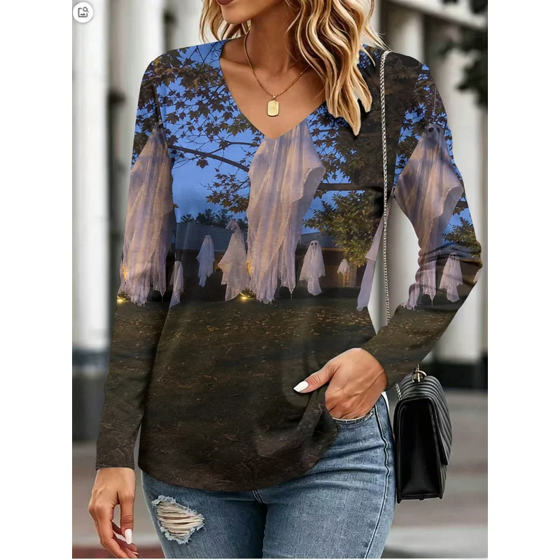 Pumpkin smiley face print women's comfortable long-sleeved top a must-have for everyday wearVCollarTShirt Bottoming Shirt
