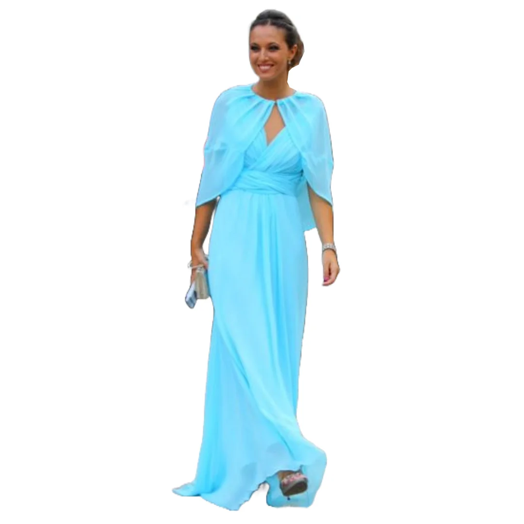 Customized Light Blue Wrap-Front Chiffon Dress with Flutter Sleeves and Cinched Waist for Wedding Guest or Summer Evening Event