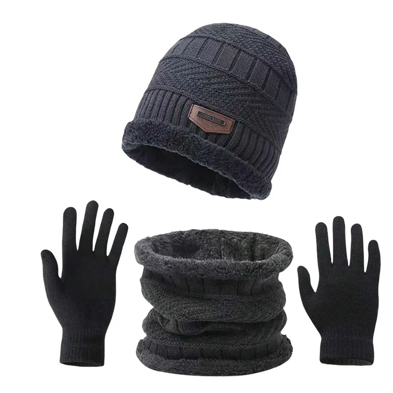 Men's Windproof Hat, Outdoor Winter Scarf, Gloves, Three-piece Neckline, One Plus Cashmere Insulated Knit Hat
