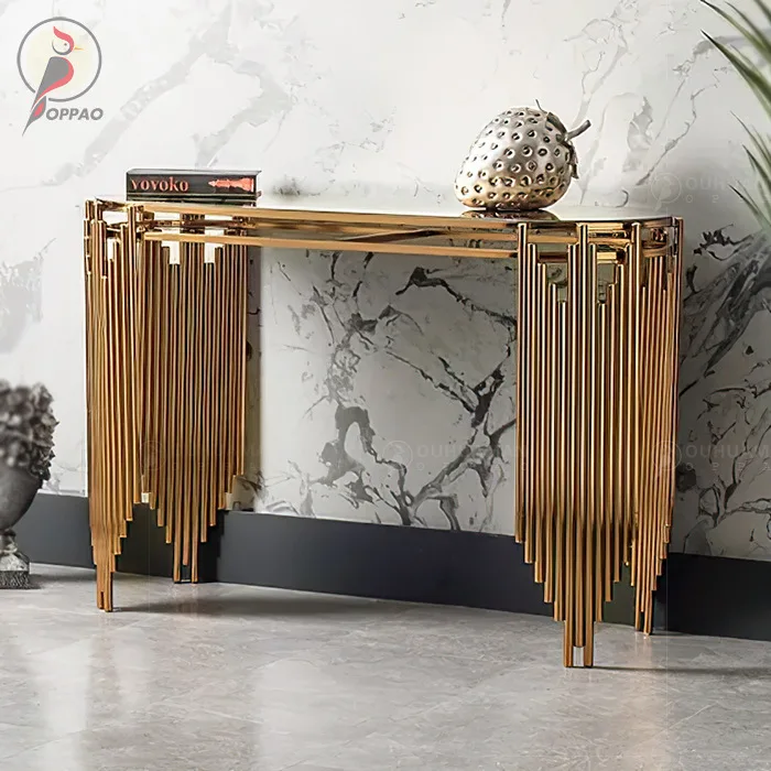 YJQ stainless steel titanium gold entrance table tempered glass hotel living room marble entrance table