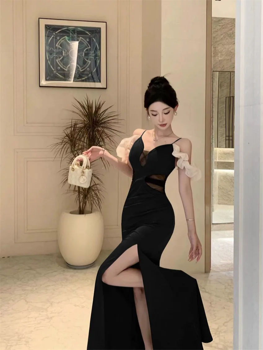 مثير عميق الخامس Ne الخصر حزام فقاعة Sve طويل عالية الشق الدكتور ثوب مسائي الملابس النسائية الصيف العصرية