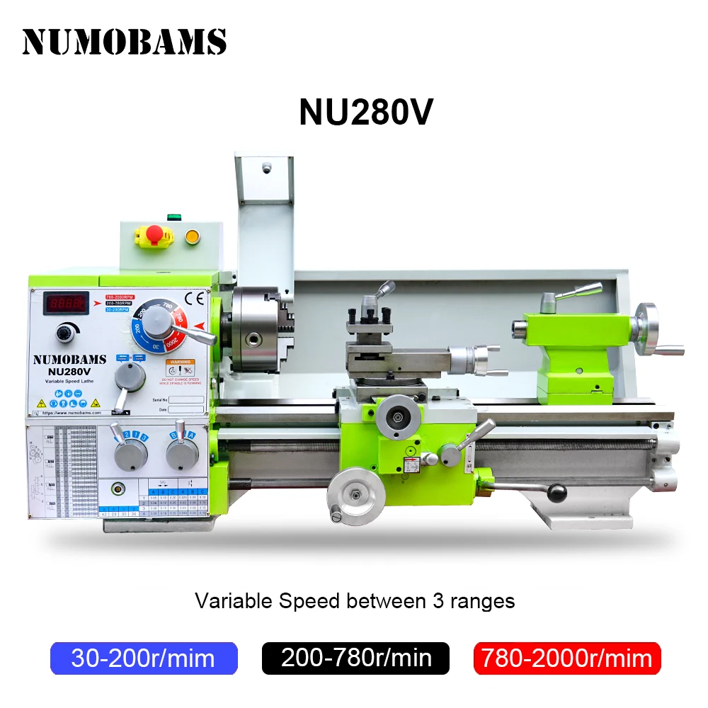 NUMOBAMS NU280V 1500W AC Motor MT5 Spindle Three Speed Grade Variable Speed Thread Making Metal Lathe Machine