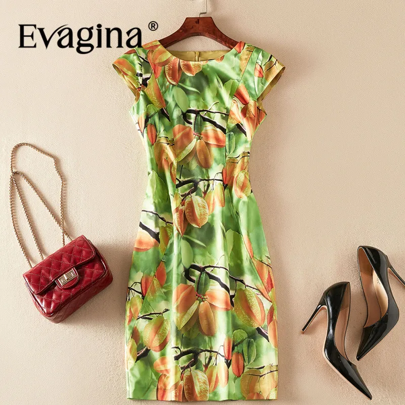 

Evagina Fashion design Spring Summer women's Garment Sleeve Yangtao Printing Beach Style Green Elegant Mini Dresses