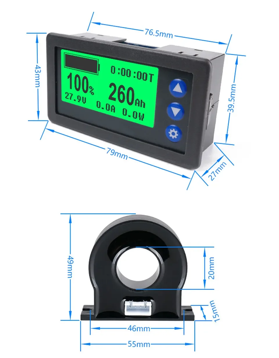 12V 24V 36V 48V Monitor baterii Miernik Halla Coulomb DC8-100V 100A 200A 300A 400A Lifepo4 Moc pojemności akumulatorów kwasowo-ołowiowych i litowo-jonowych