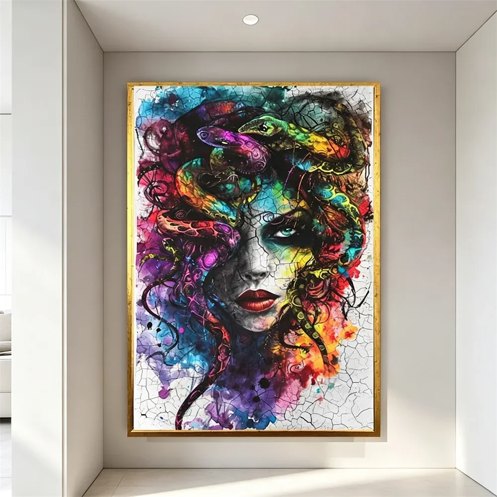 Multiple sizes 1pc frameless Canvas Painting,Colorful Medusa Canvas Wall Art Greek Mythology Snake Head Woman Portrait Graffiti