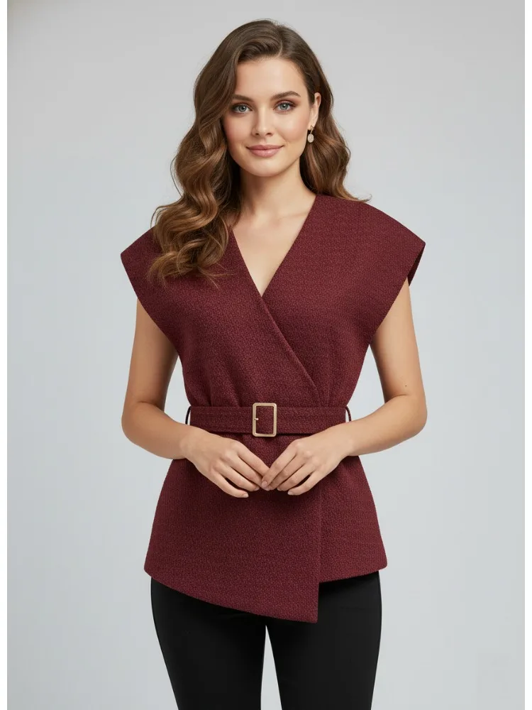 

Bonboho 2026 New Women's Burgundy Sleeveless V-Neck Vests Metal Buckle Belted Waist Top Business Elegant Luxury Shirt Outerwears