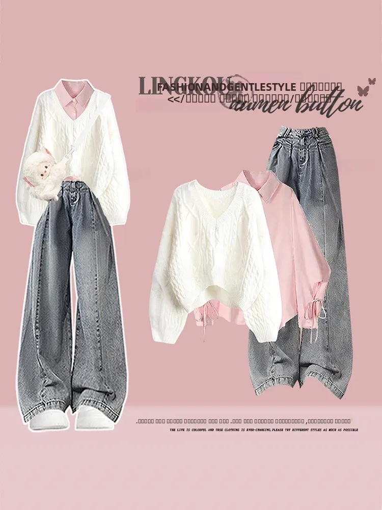 

Комплект из трикотажного свитера большого размера для женщин на осень-зиму и джинсов-брюк с высокой талией в стиле ретро...