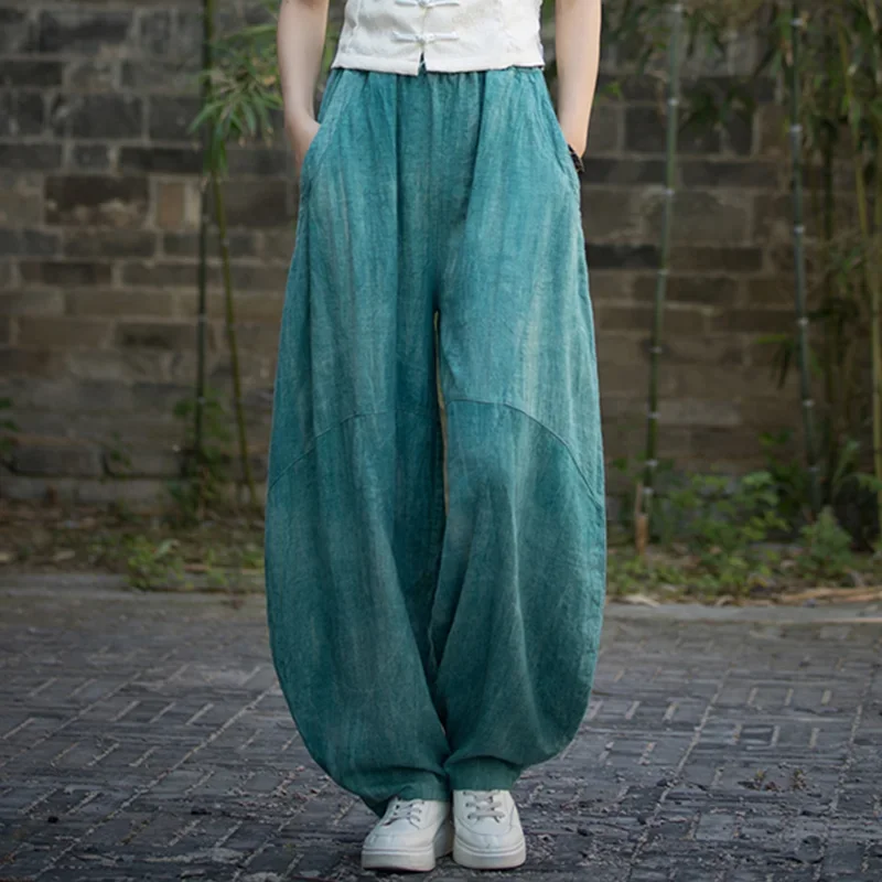 

Pop Elegant Women's Cotton Linen Baggy Cargo Pants Vintage Elastic Waist Yoga Trousers Loose Casual Long Wide Leg Oversize Cloth