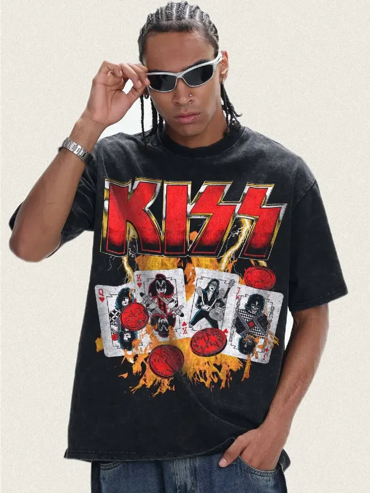 Image of Unisex/Paar-Stil Glam-Rock-Band Kurzarm-T-Shirt mit Rundhalsausschnitt, 100% Baumwolle, bequeme Passform, Grafik-T-Shirt für Männer und Frauen