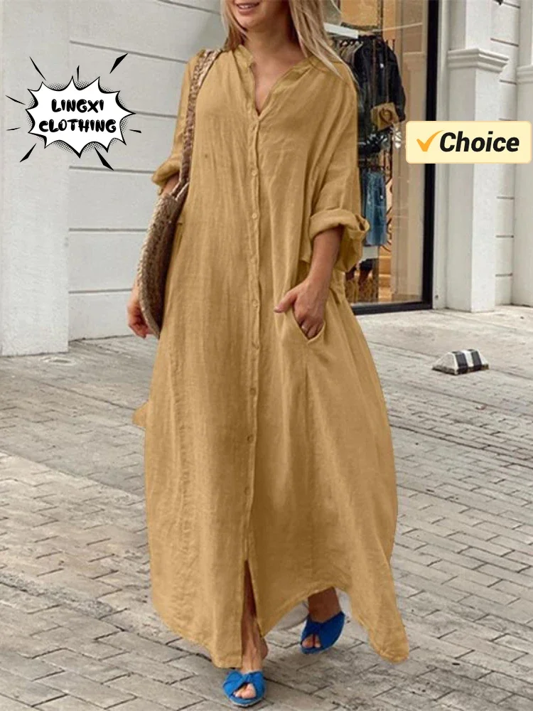 2024 New Women\'s Cotton and Hemp Loose Robe Summer Beach Sunscreen Clothing Cotton and Hemp Single Breasted Long Shirt Dress