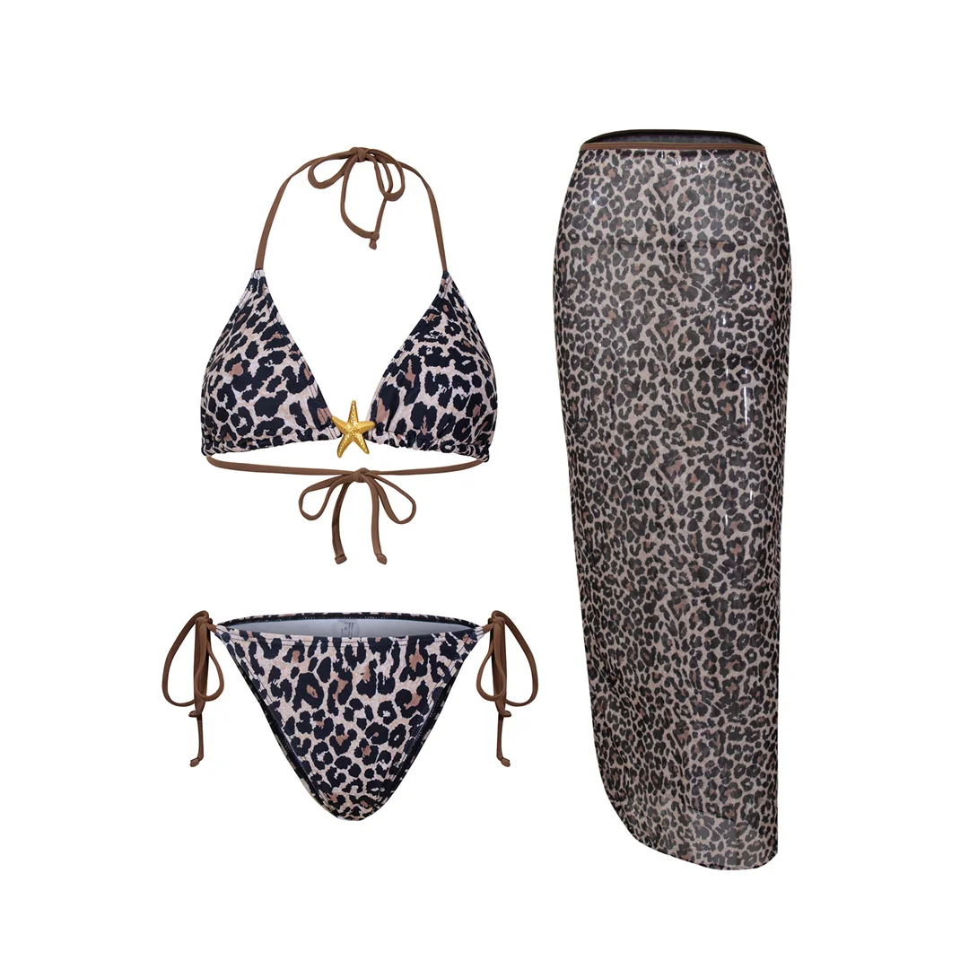 XS - L Leoparden-Halter-Bikini mit Rock, Damen-Badeanzug, dreiteiliges Bikini-Set, Badebekleidung, Badeanzug, Schwimmbekleidung V6787L – Detail 11