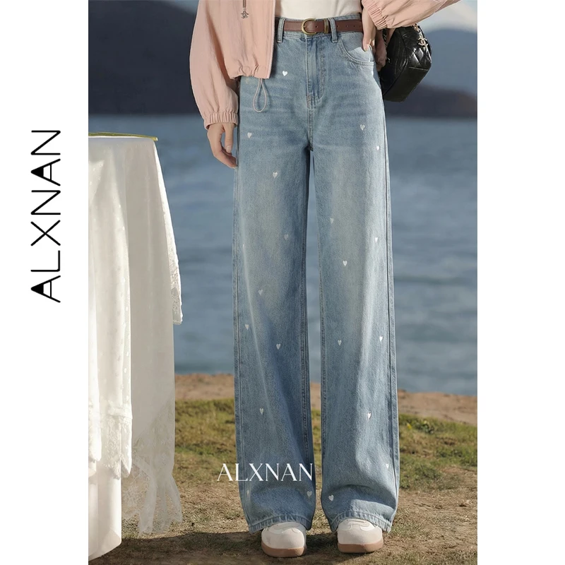 

ALXNAN Women's Blue Jeans Heart Embroidery Straight Wide-Leg Baggy Denim Pants Spring Casual Elegant Loose-fit Pants L61367A