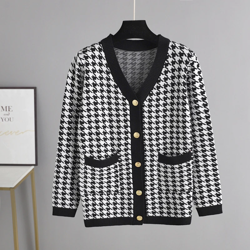 Elegant Houndstooth Knit Cardigan 2023 Coat Women V-neck Long Sleeve Loose Large Size Jacket Sweater Oversized Cardigans Autumn