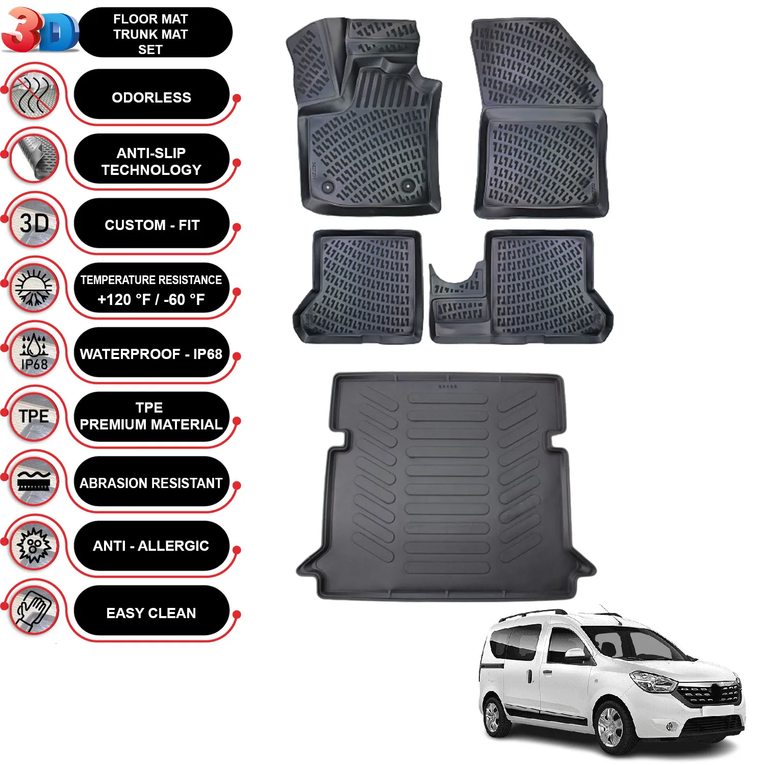 

Renault Dokker - (2013-2022) - Floor Mats + Cargo Trunk Liner - SET - (Black)