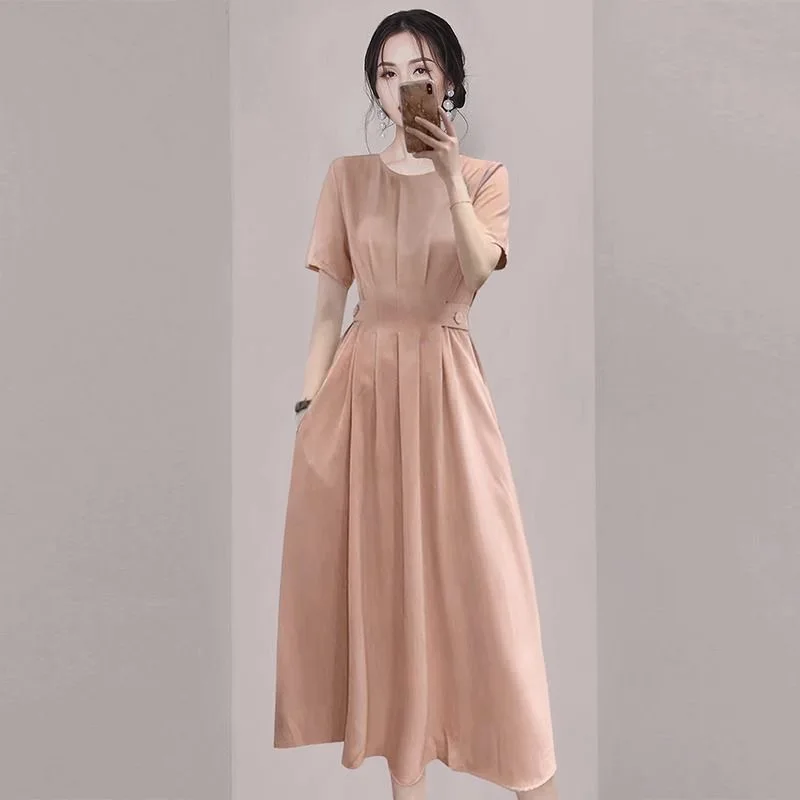 

Women New Dress Gentle Pleated Waist Dress 2024 Summer New Dress Light Luxury Elegant High-end Round Neck Skirt