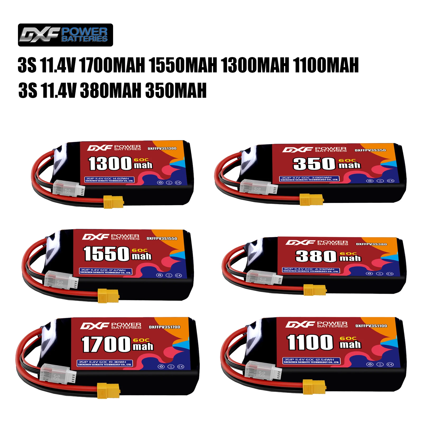 Bateria DXF Lipo 3S 11.4V 1700mAh 1550mAh 1300mA 1100mAh 380mAh 11.1V 350mAh 60C XT30 XT60 JST Plug para FPV Quadcopter Drone