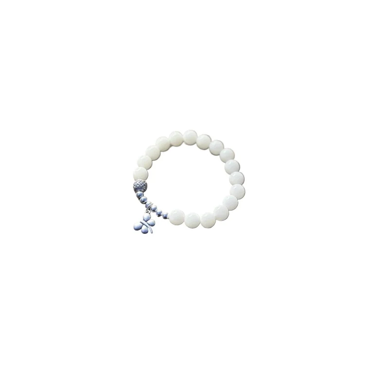 

Natural White Jade Bodhi Bracelet, Handmade DIY Sterling Silver Dragonfly Pendant Bracelet Gift