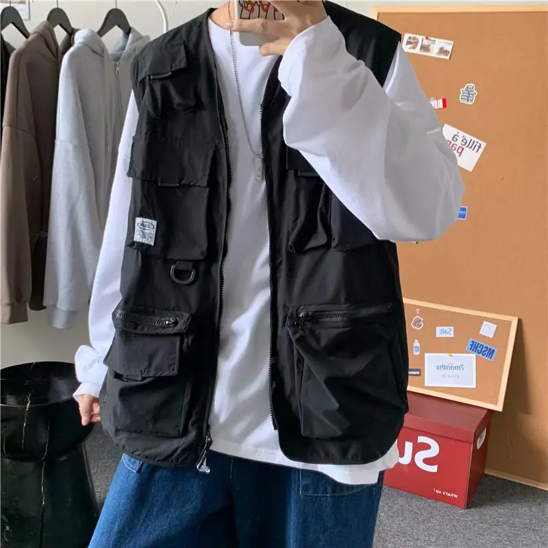 

Retro Japanese Workwear Functional Vest Men's Spring Autumn Trendy High Street Hiphop Multi ket oulder Pad Summer Jaet