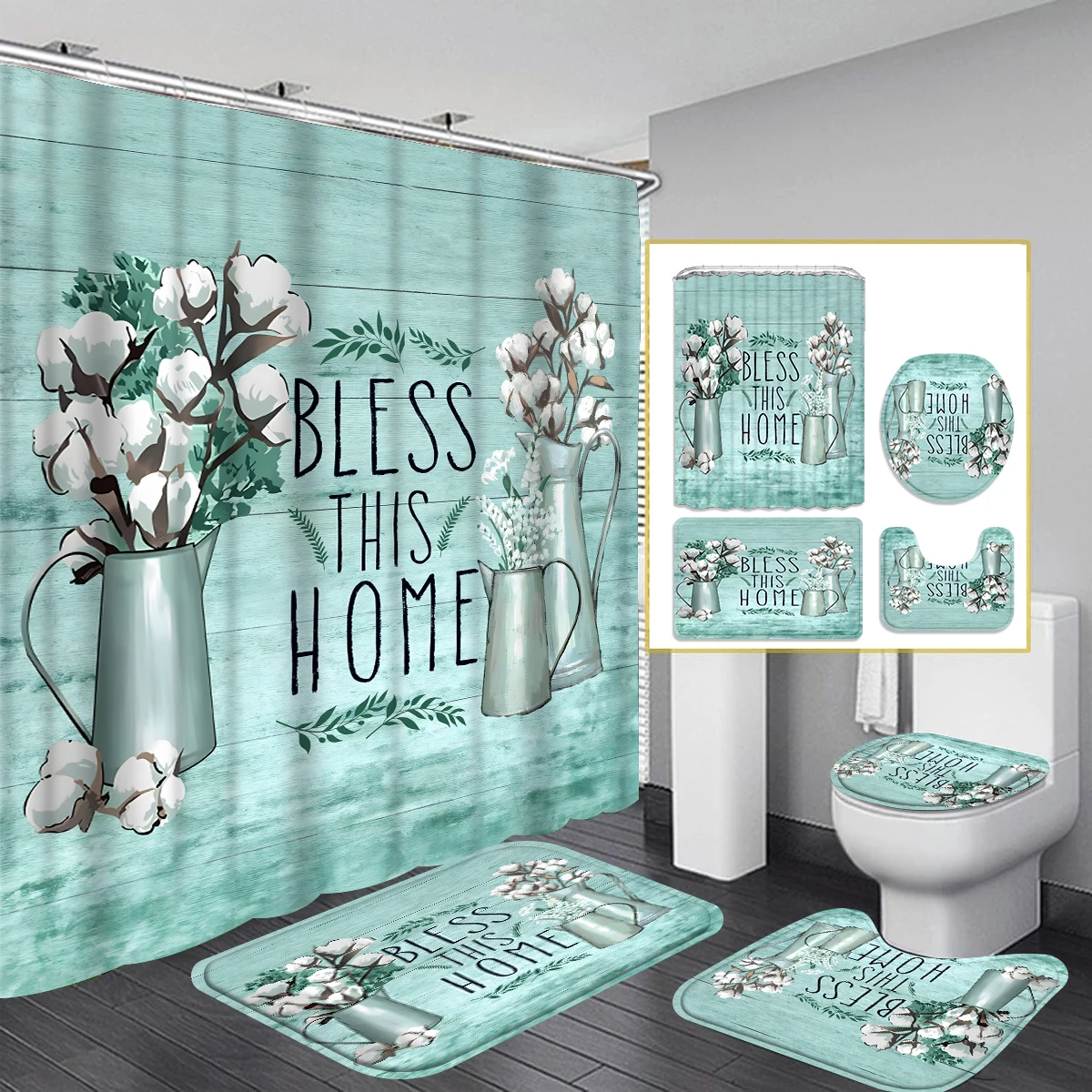 1/4 piece flower simple pattern waterproof shower curtain or waterproof anti-slip shower curtain set, 12 free hooks