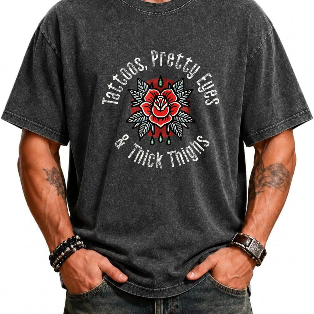Tattoos Pretty Eyes and Thick Thighs Tattoo Rose T-Shirt 100% Cotton Tee Vintage Retro Loose Fit Drop Shoulder Boxy Fit Summer