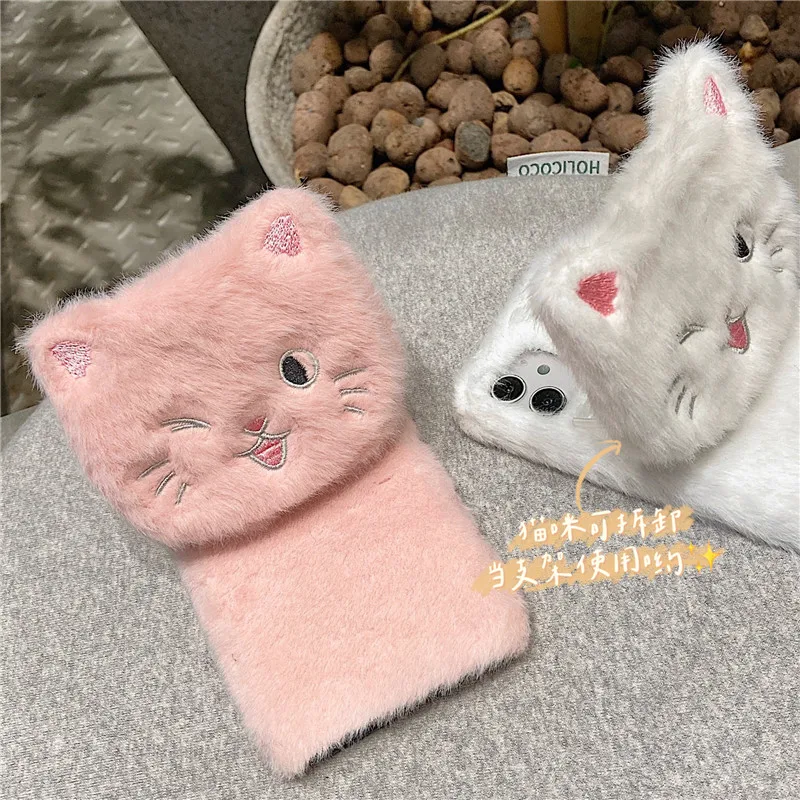 3D Embroidery Cat Warm Plush Soft Phone Case For iPhone 13 Pro Max Case 15 14 12 11 X XS XR 6 7 8 Plus SE 2022 Phone Cover Stand