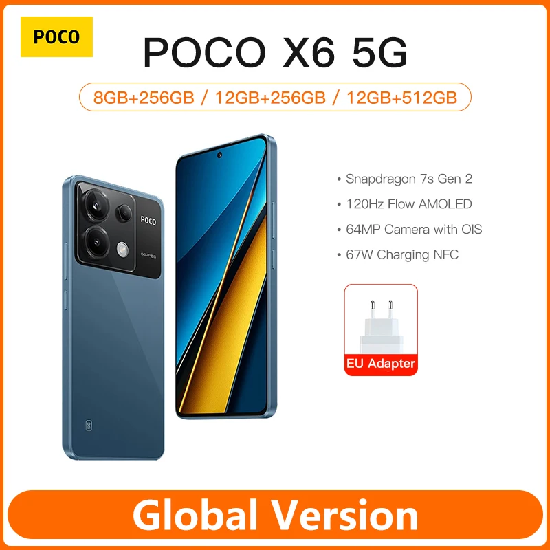 POCO X6 5G Global Version Smartphone Snapdragon 7s Gen 2 120Hz Flow AMOLED Display 64MP Camera with OIS 67W Turbo Charging NFC