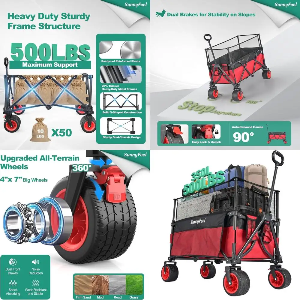 

Складная уличная универсальная тележка емкостью 500 фунтов, регулируемый руль, складные пляжные колеса, устойчивый и прочный Oxf