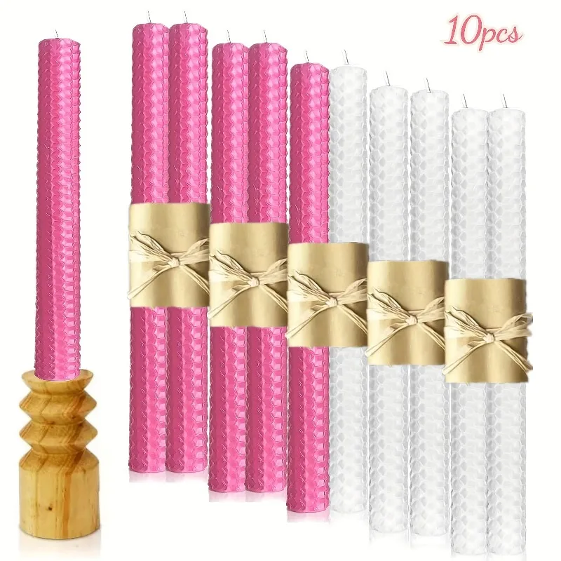 10 Unscented Powder White Beeswax Long Candles - 20cm, perfect for holiday dinners, Christmas, gifts for her, and parties