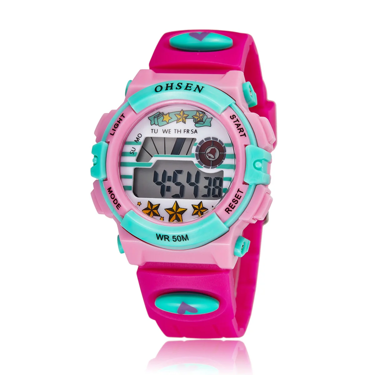 Ohsen Multi-function Waterproof Backlight Display Quartz Sports Unisex Children Watch with Stopwatch /Date /Alarm (1603 Rosy)