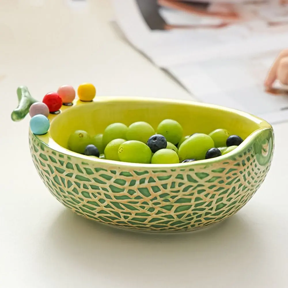 Ceramics Fruit Bowl with Fork Hami Melon Shape Large Capacity Fruit Serving Plate Comfortable Grip Reusable