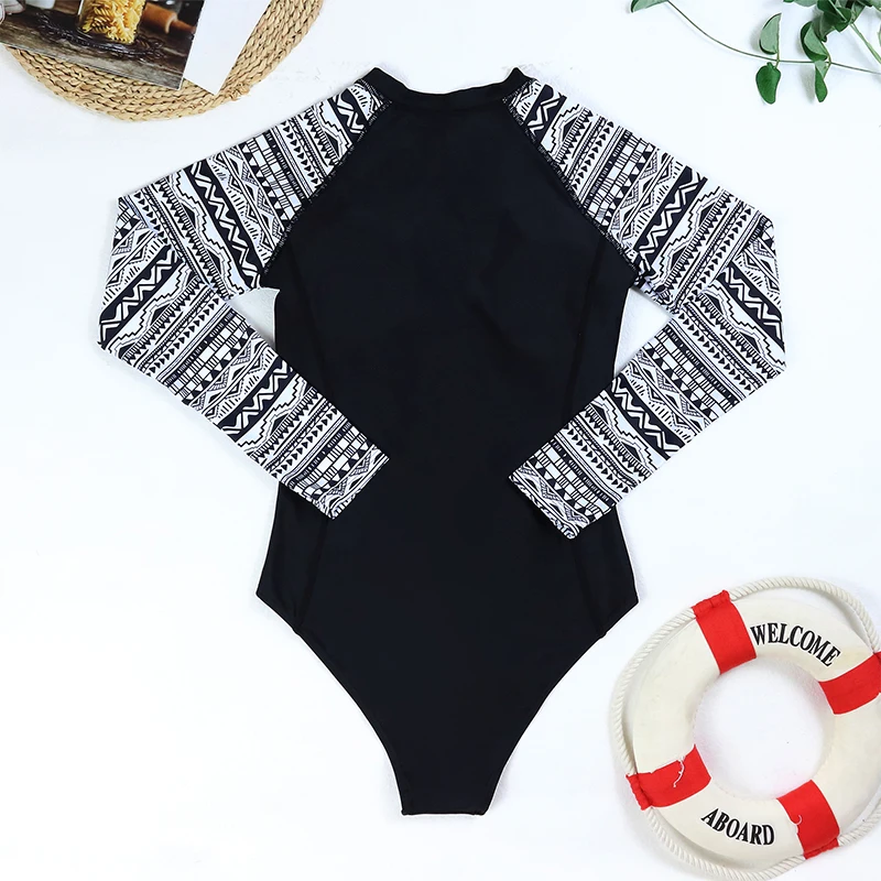 ملابس سباحة نسائية مطبوعة من CPUTAN ، طقم بيكيني ، ملابس سباحة قطعة واحدة ، رياضة طويلة الأكمام ، بدلة سباحة لركوب الأمواج ، ملابس بحر ، سوداء كلاسيكية