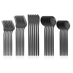 30Pcs Stainless Steel Cutlery Set Dinner Black Dinnerware Set Knife Dessert Fork Spoon Kitchen Tableware Mirror Silverware Sets