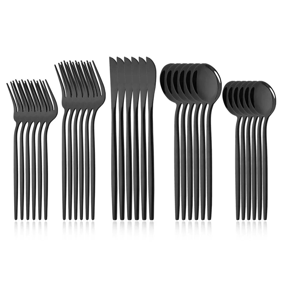 30Pcs Stainless Steel Cutlery Set Dinner Black Dinnerware Set Knife Dessert Fork Spoon Kitchen Tableware Mirror Silverware Sets