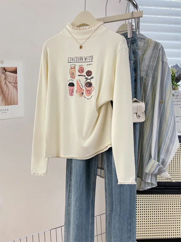 Flounce Patchwork Half High Collar Long Sleeve Women's Base Shirt Mousse Soft Velvet Warm Top Versatile Slimming Base Shirt